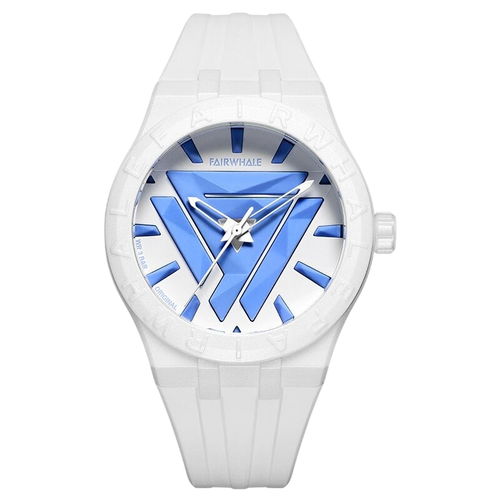 White watch with blue accents on a white background
