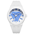 White watch with blue accents on a white background