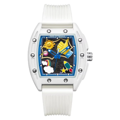 White watch with colorful face and 'Marc Fairmile' branding on a white background