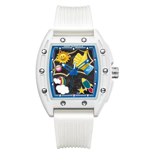 White watch with colorful face and &