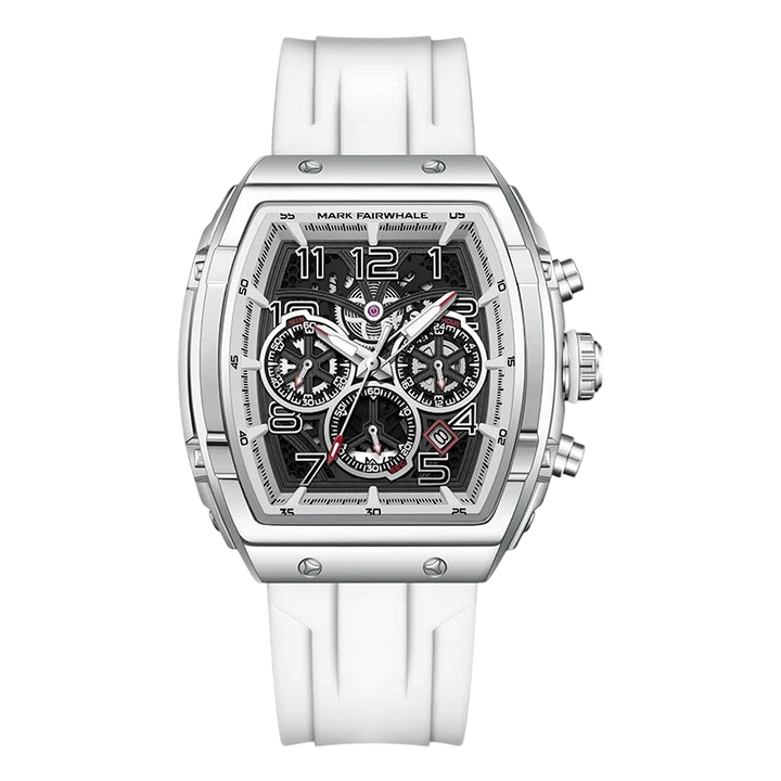 White watch with detailed face on a white background