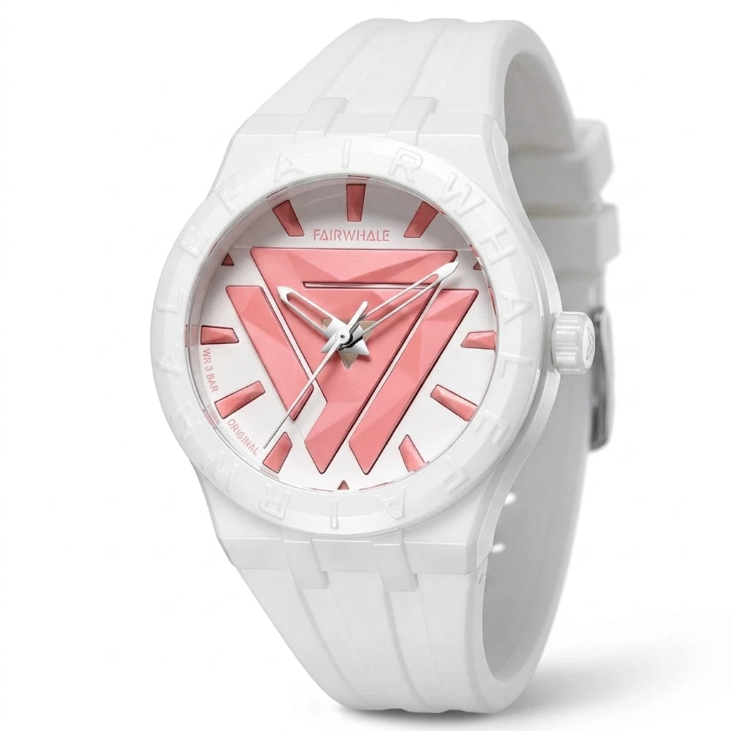 White watch with pink triangle design on the dial against a white background