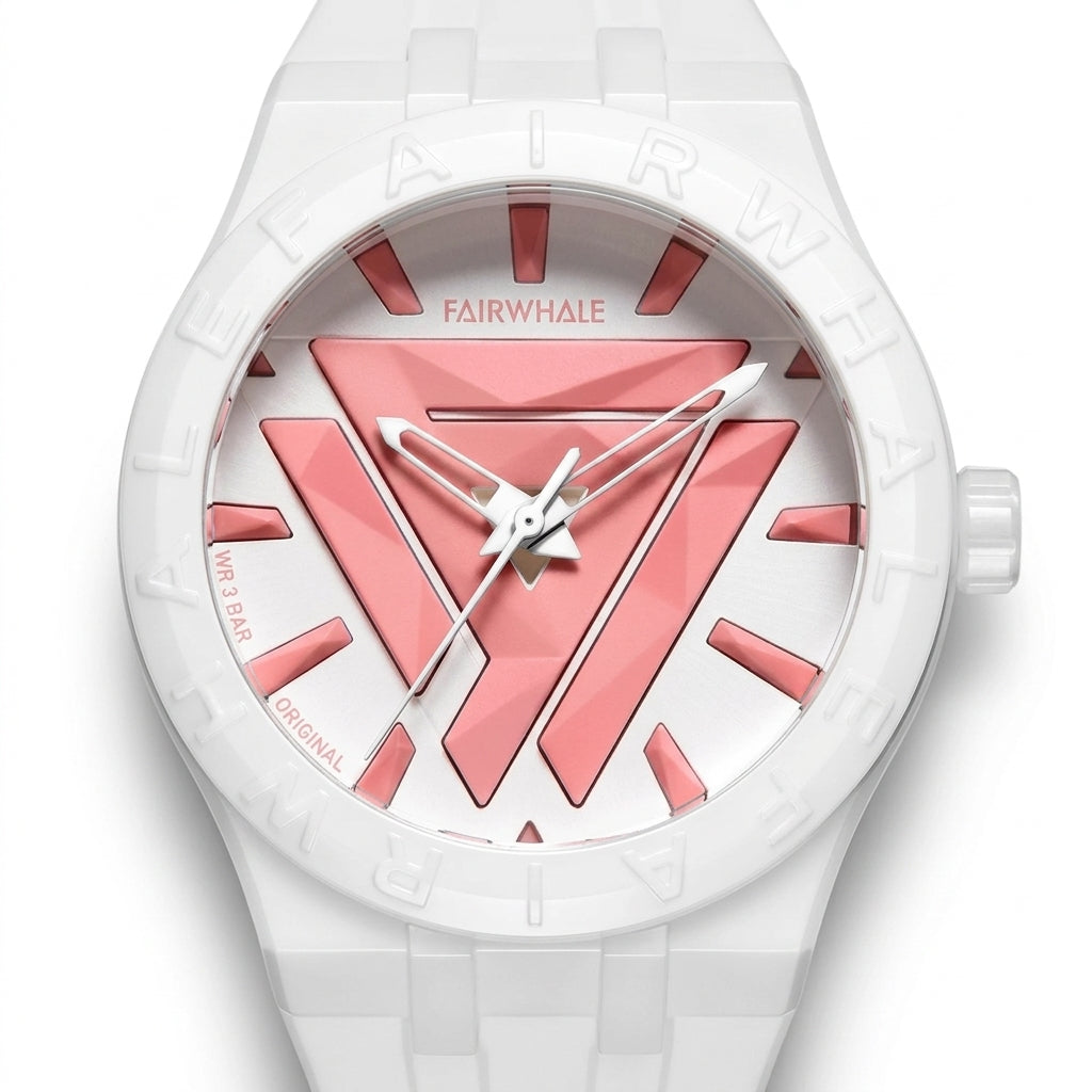 White watch with pink triangle design on the dial, branded 'FAIRWHALE'.
