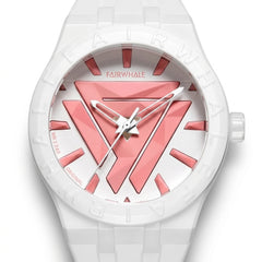 White watch with pink triangle design on the dial, branded 'FAIRWHALE'.
