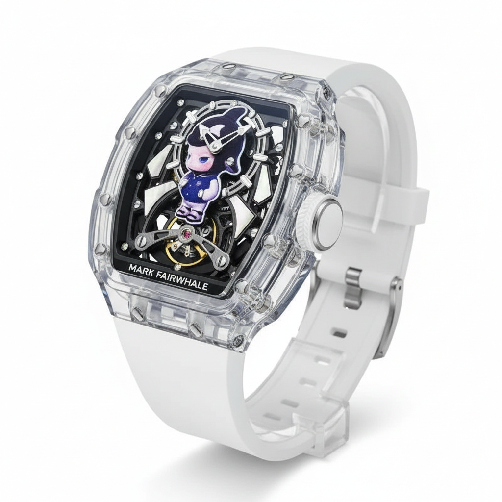White watch with transparent case featuring a character design on a white background