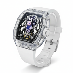 White watch with transparent case featuring a character design on a white background