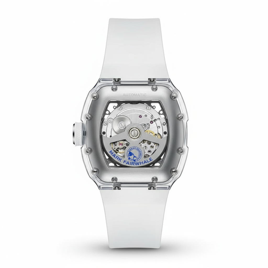 White watch with transparent case on a white background
