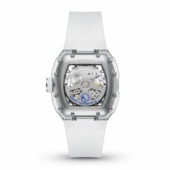 White watch with transparent case on a white background