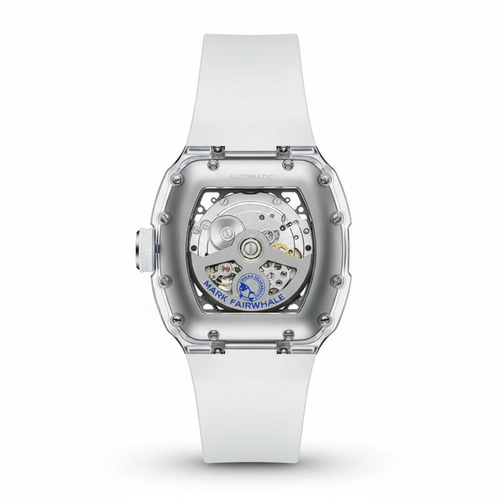 White watch with transparent case on a white background