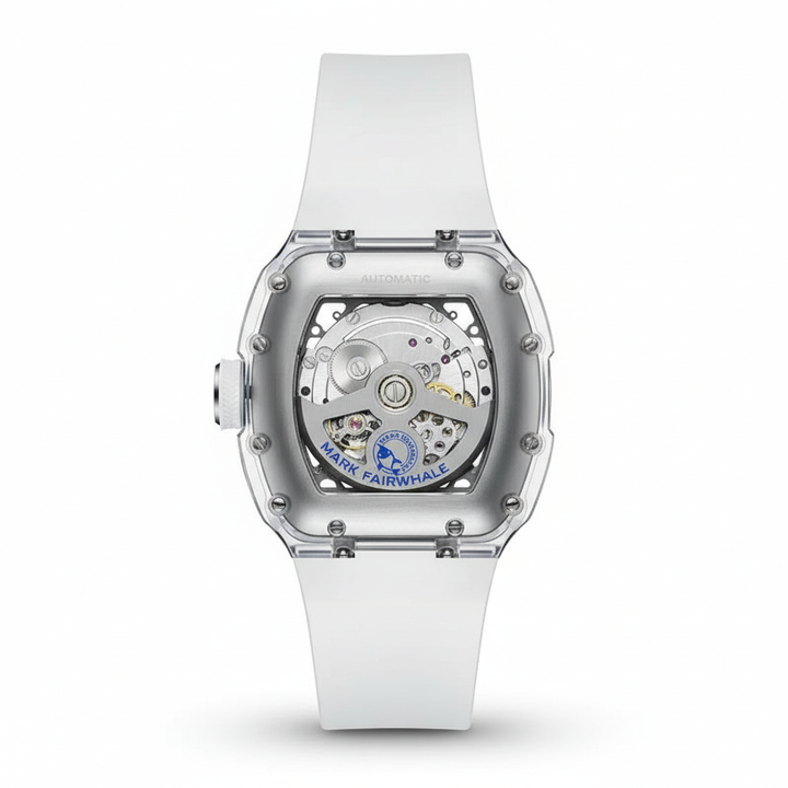 White watch with transparent case on a white background