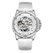 White watch with visible mechanical components on a white background
