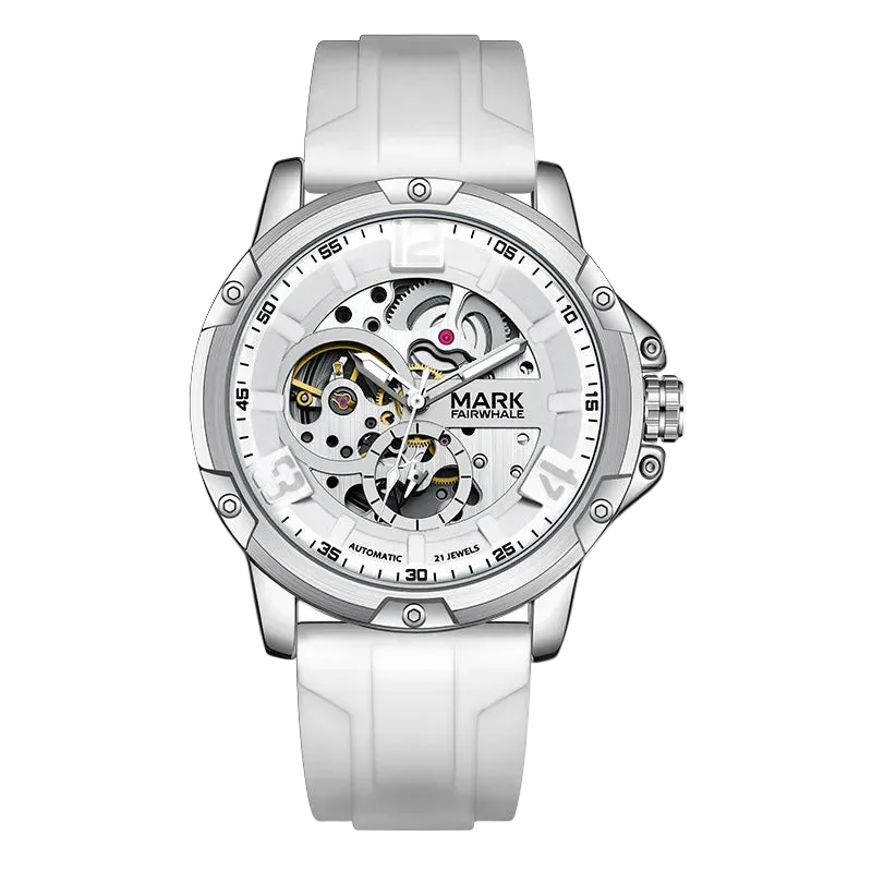 White watch with visible mechanical components on a white background