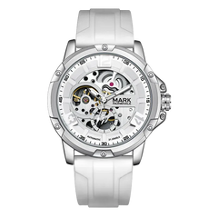 White watch with visible mechanical components on a white background