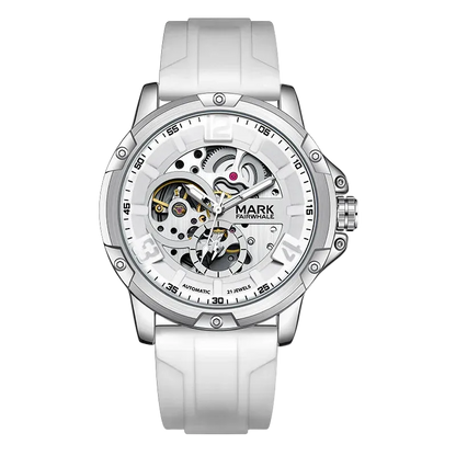White watch with visible mechanical components on a white background
