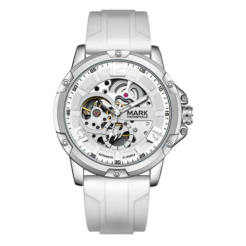 White watch with visible mechanical components on a white background