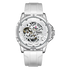 White watch with visible mechanical components on a white background