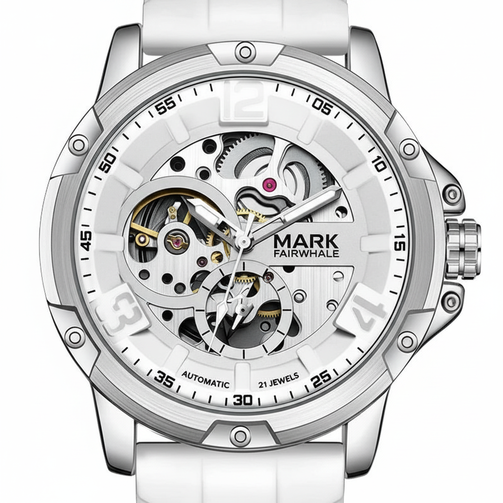 White watch with visible mechanical components on a white background, featuring the brand 'Mark Fairwhale'.