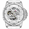 White watch with visible mechanical components on a white background, featuring the brand 'Mark Fairwhale'.