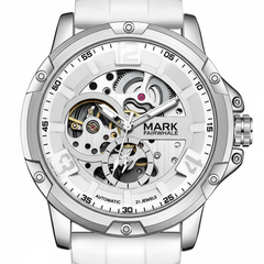 White watch with visible mechanical components on a white background, featuring the brand 'Mark Fairwhale'.