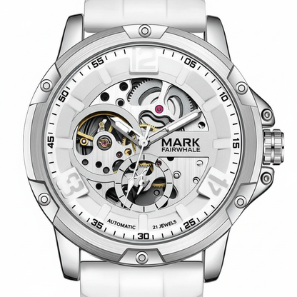 White watch with visible mechanical components on a white background, featuring the brand &
