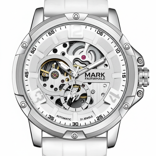 White watch with visible mechanical components on a white background, featuring the brand &