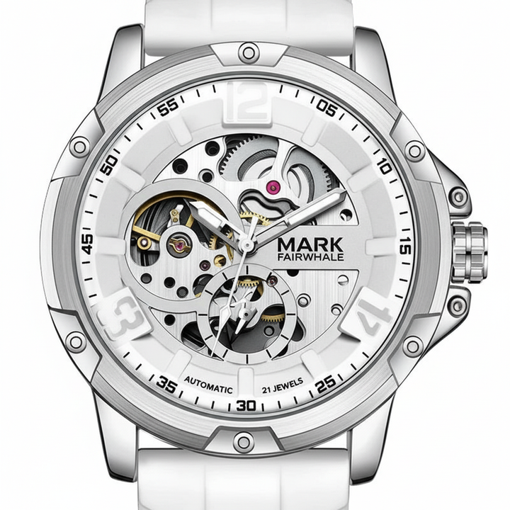 White watch with visible mechanical components on a white background, featuring the brand &
