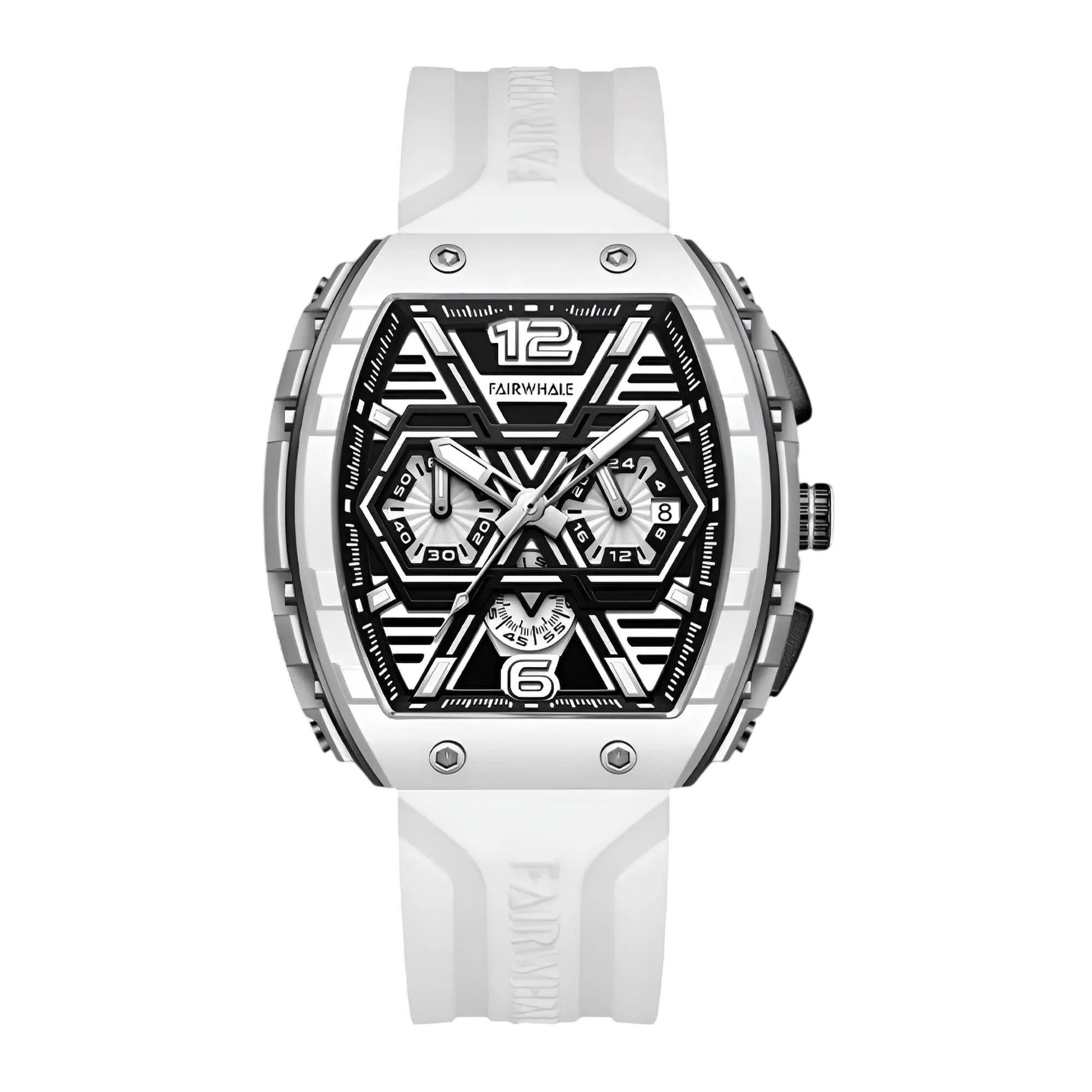 White wristwatch with a black face on a white background