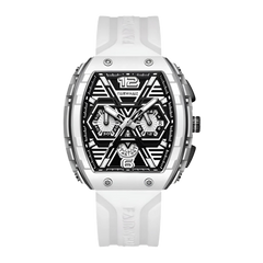 White wristwatch with a black face on a white background