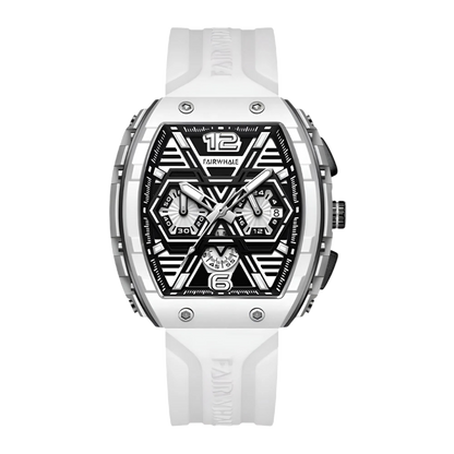 White wristwatch with a black face on a white background