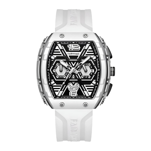White wristwatch with a black face on a white background