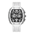 White wristwatch with a black face on a white background