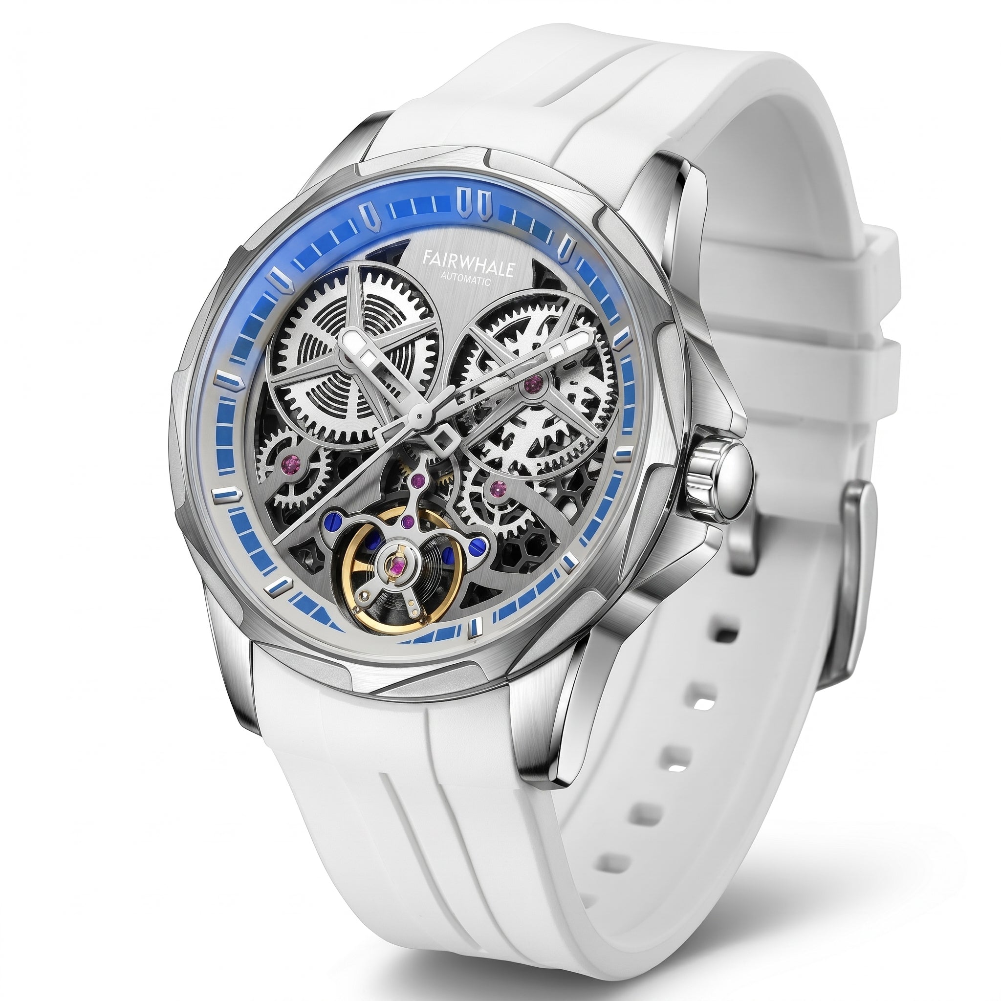 White wristwatch with a detailed mechanical face on a white background