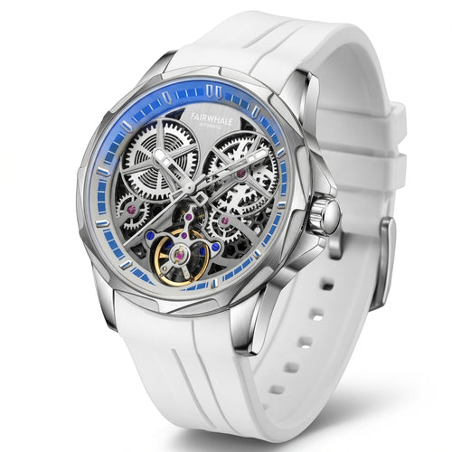 White wristwatch with a detailed mechanical face on a white background