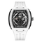 White wristwatch with black face on a white background