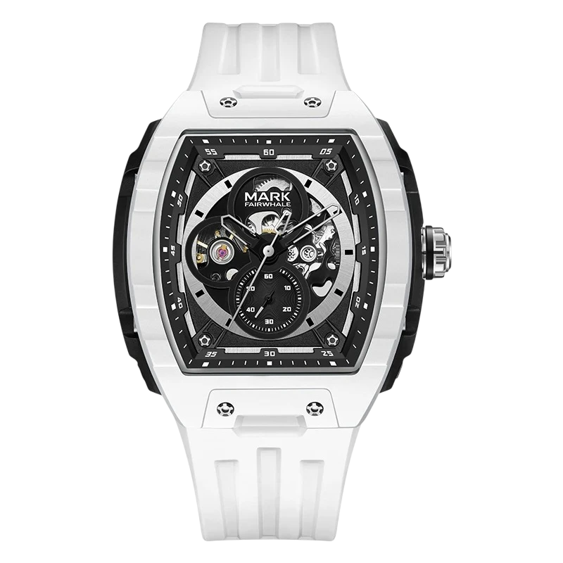 White wristwatch with black face on a white background