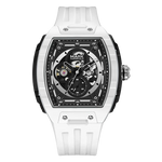White wristwatch with black face on a white background
