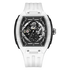White wristwatch with black face on a white background