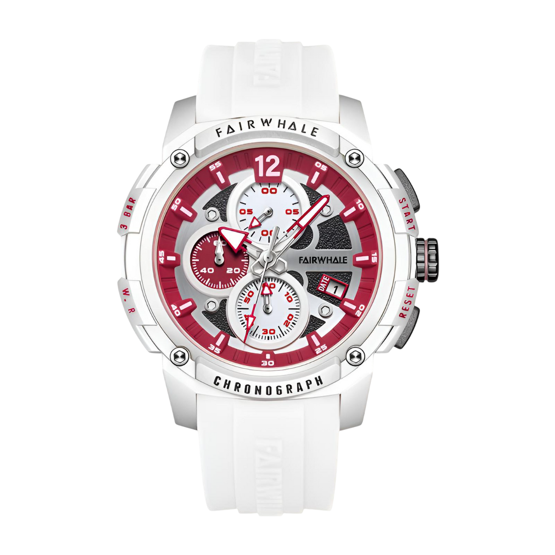 White wristwatch with red face and visible brand name on a white background
