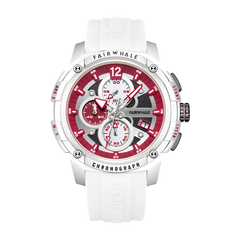 White wristwatch with red face and visible brand name on a white background