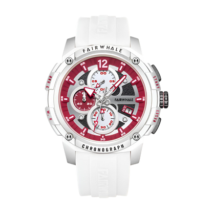 White wristwatch with red face and visible brand name on a white background