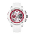White wristwatch with red face and visible brand name on a white background