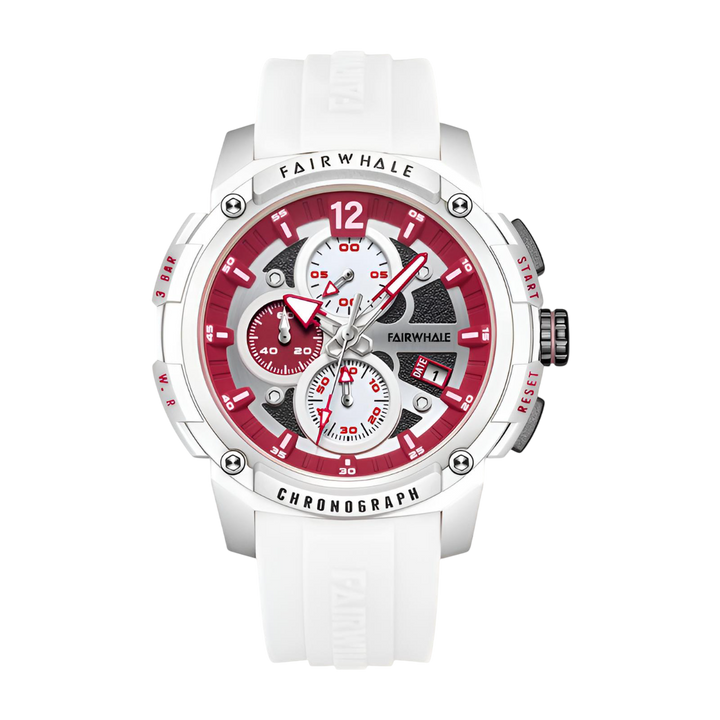 White wristwatch with red face and visible brand name on a white background
