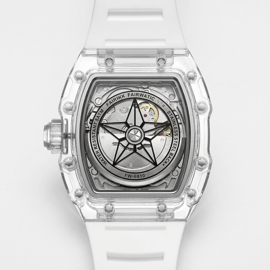 White wristwatch with transparent case on a white background