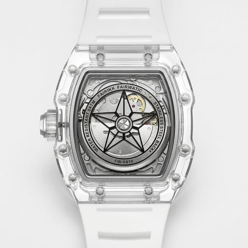 White wristwatch with transparent case on a white background