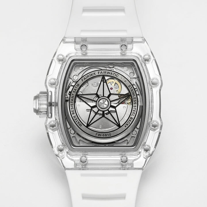 White wristwatch with transparent case on a white background
