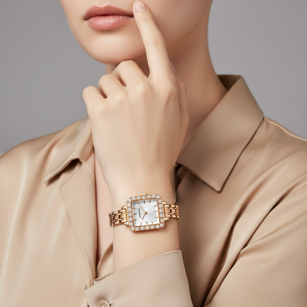 Woman wearing a gold watch with a beige shirt on a gray background