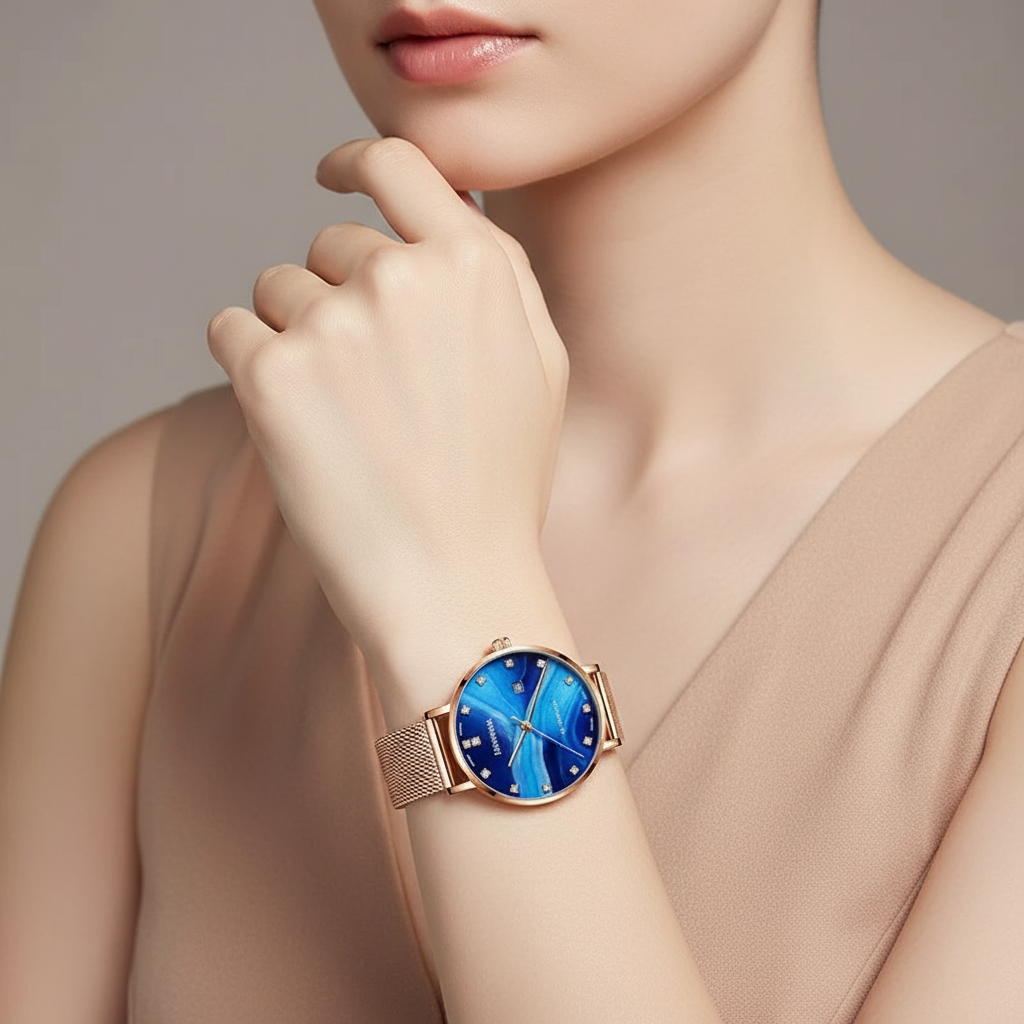 Woman wearing a rose gold watch with a blue face on a neutral background