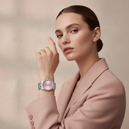 Woman wearing a watch with a pink face on a beige background