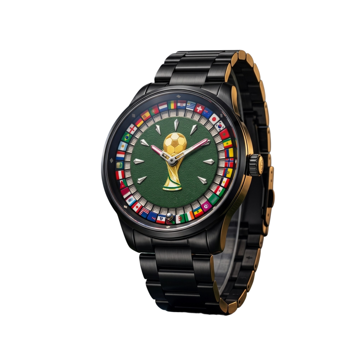 Mark Fairwhale FW-5087 World Cup watch on a football with green trophy dial and world flag ring
