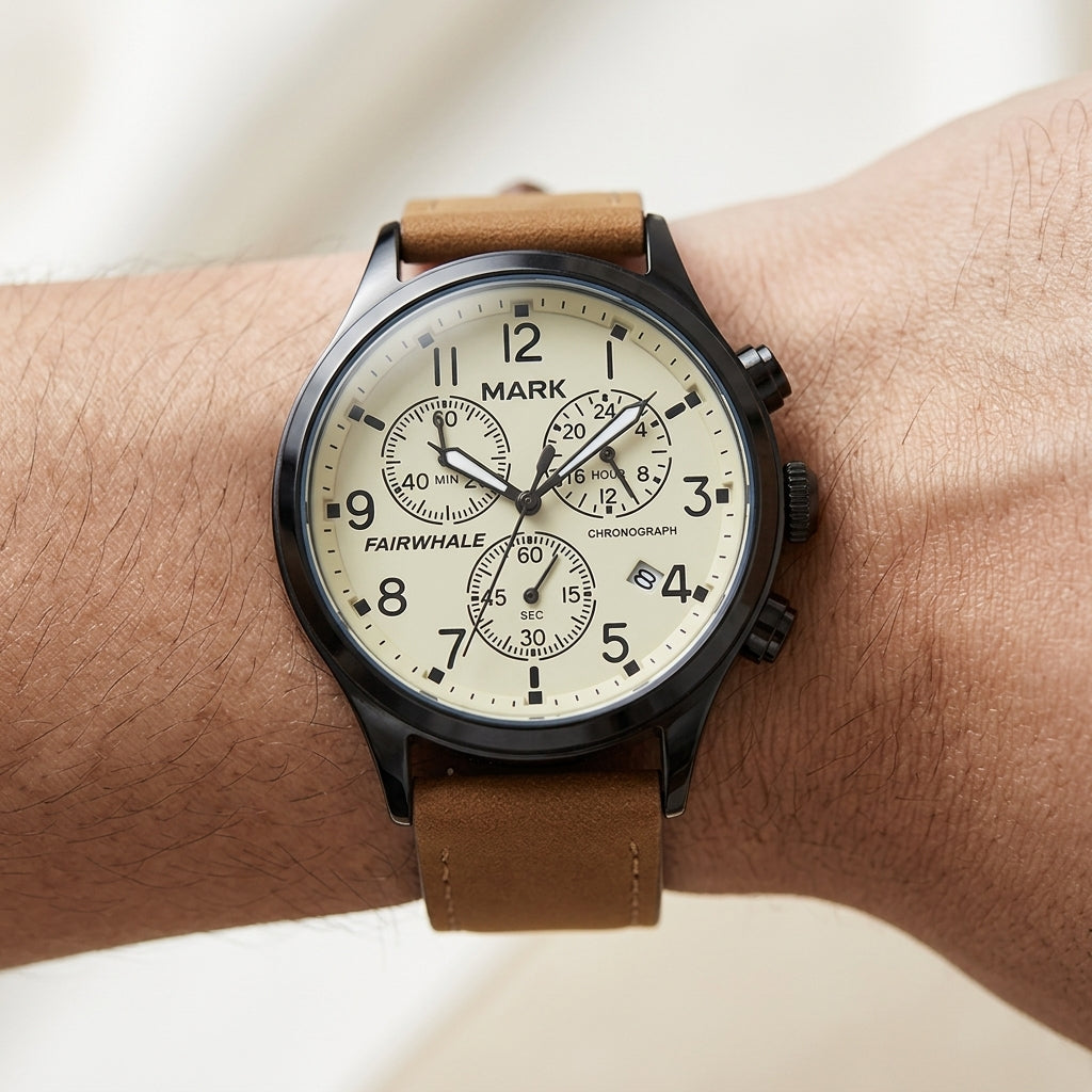 Wrist wearing a watch with a brown leather strap and white face on a light background